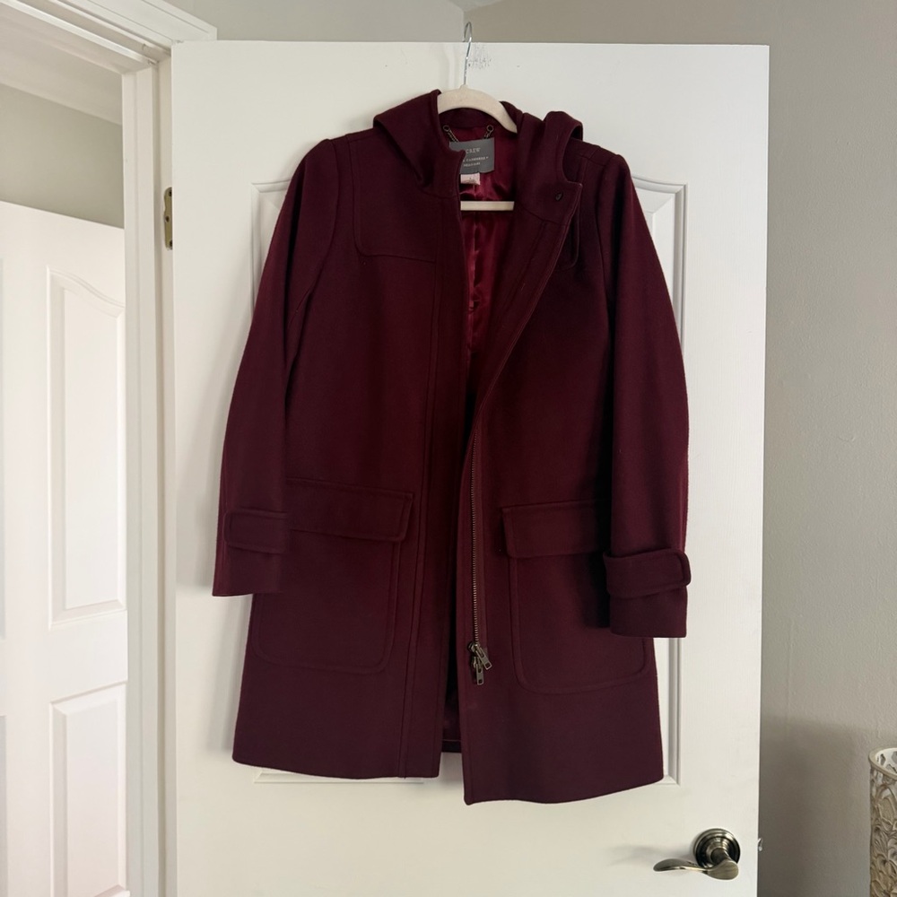 J.Crew Wool Cashmere Coat Size 6 Burgundy Peacoat Hooded Italian Fabric